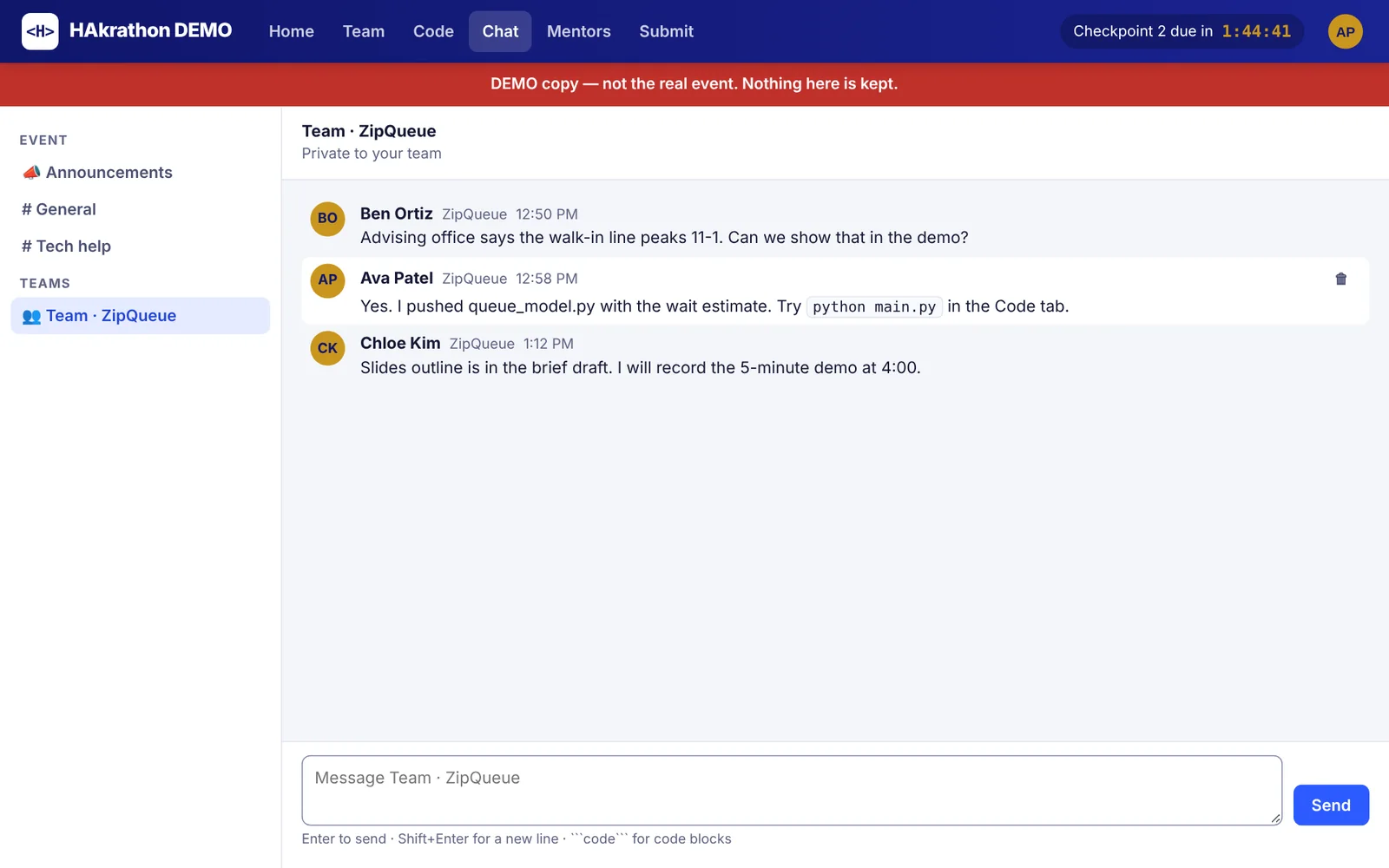Team chat with three messages