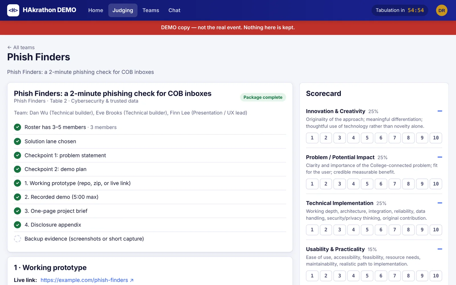 Judge scorecard next to the team's submission checklist
