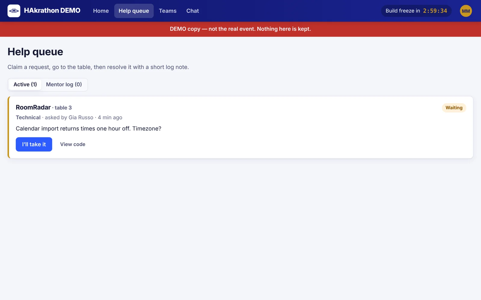 Mentor help queue with one waiting request
