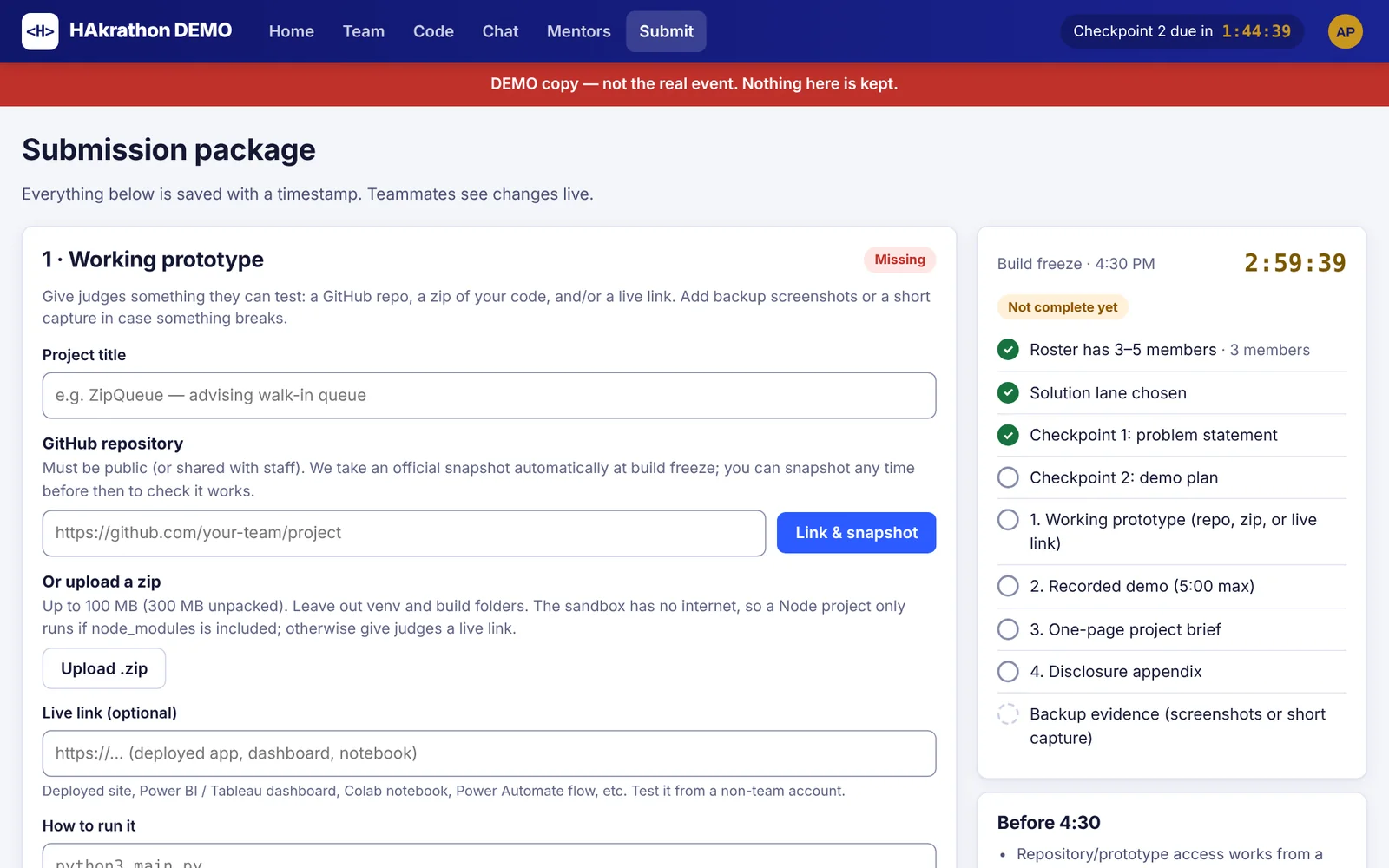Submission package page with GitHub repository field and a checklist with the freeze countdown