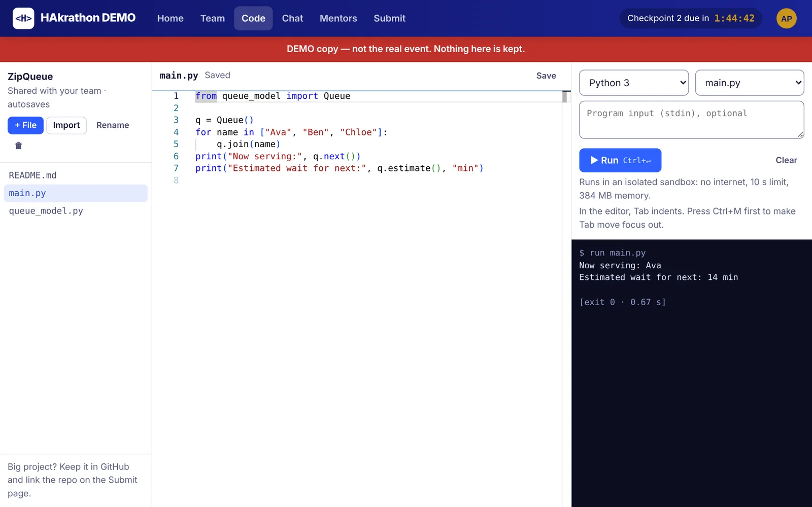 Shared code editor with a Python file and the output of a run
